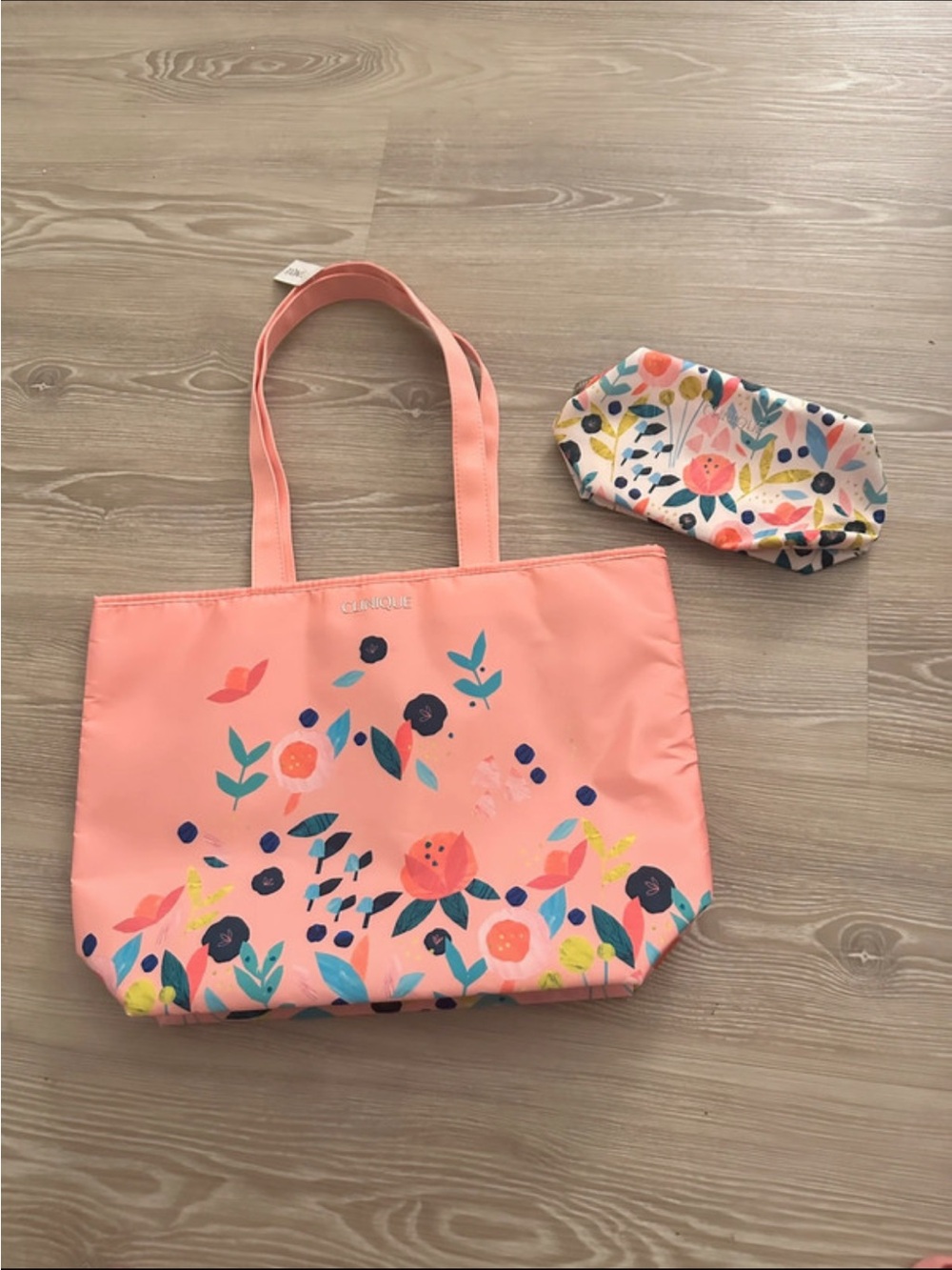 Clinique Coral Pink Floral Tote with Matching Floral Pouch